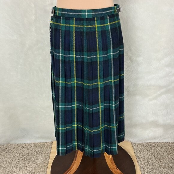Vintage 80s Green Blue Tartan Plaid Pleated Wool Midi Wrap Skirt Vintage Size 18 - Picture 4 of 7